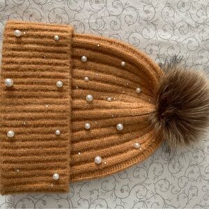Steve Madden plaid scarf and hat with faux fur Pom and faux pearls, rhinestones